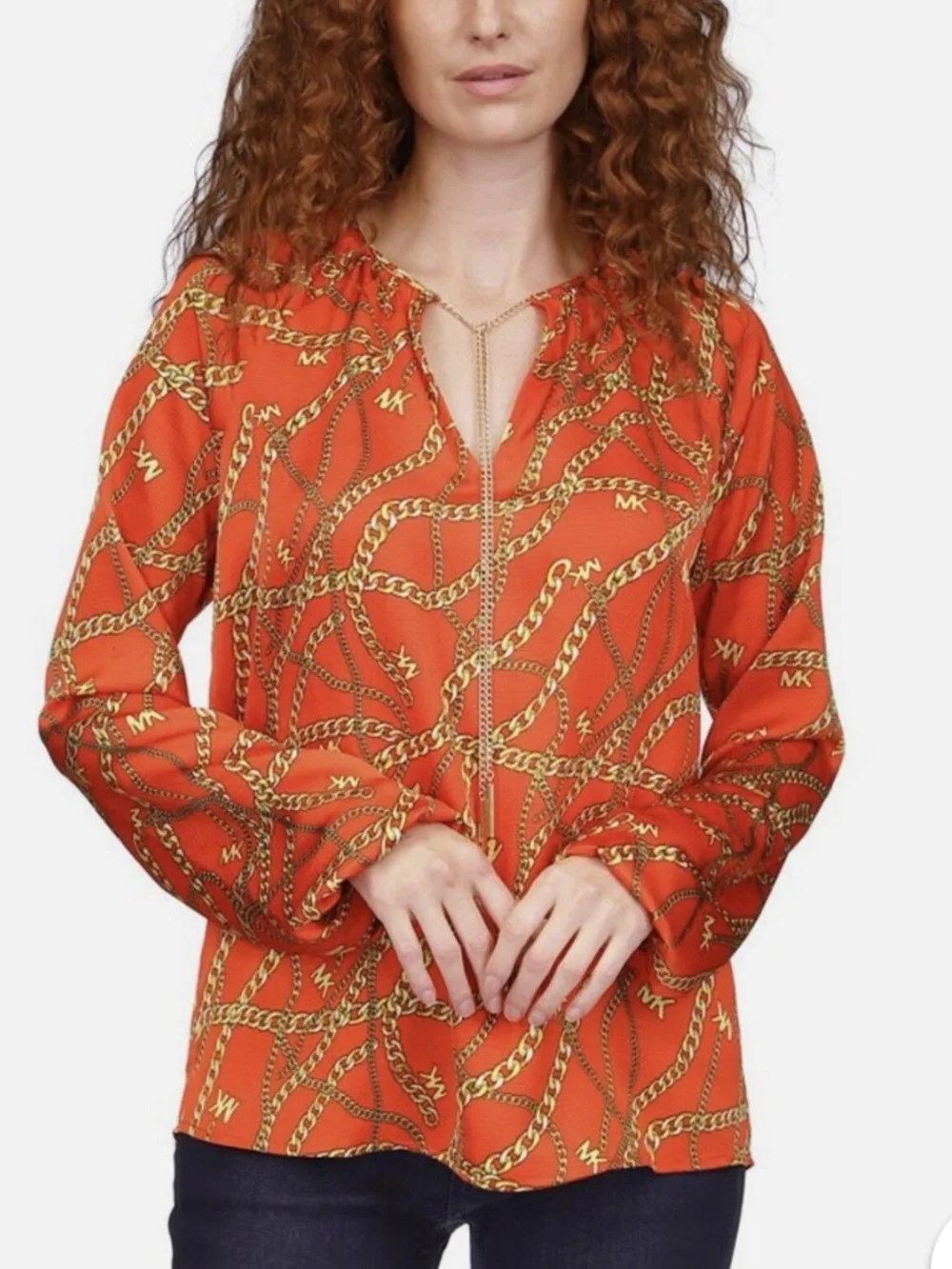 Michael Kors Orange Chain Tie Logo 3/4 Zip Popover Top